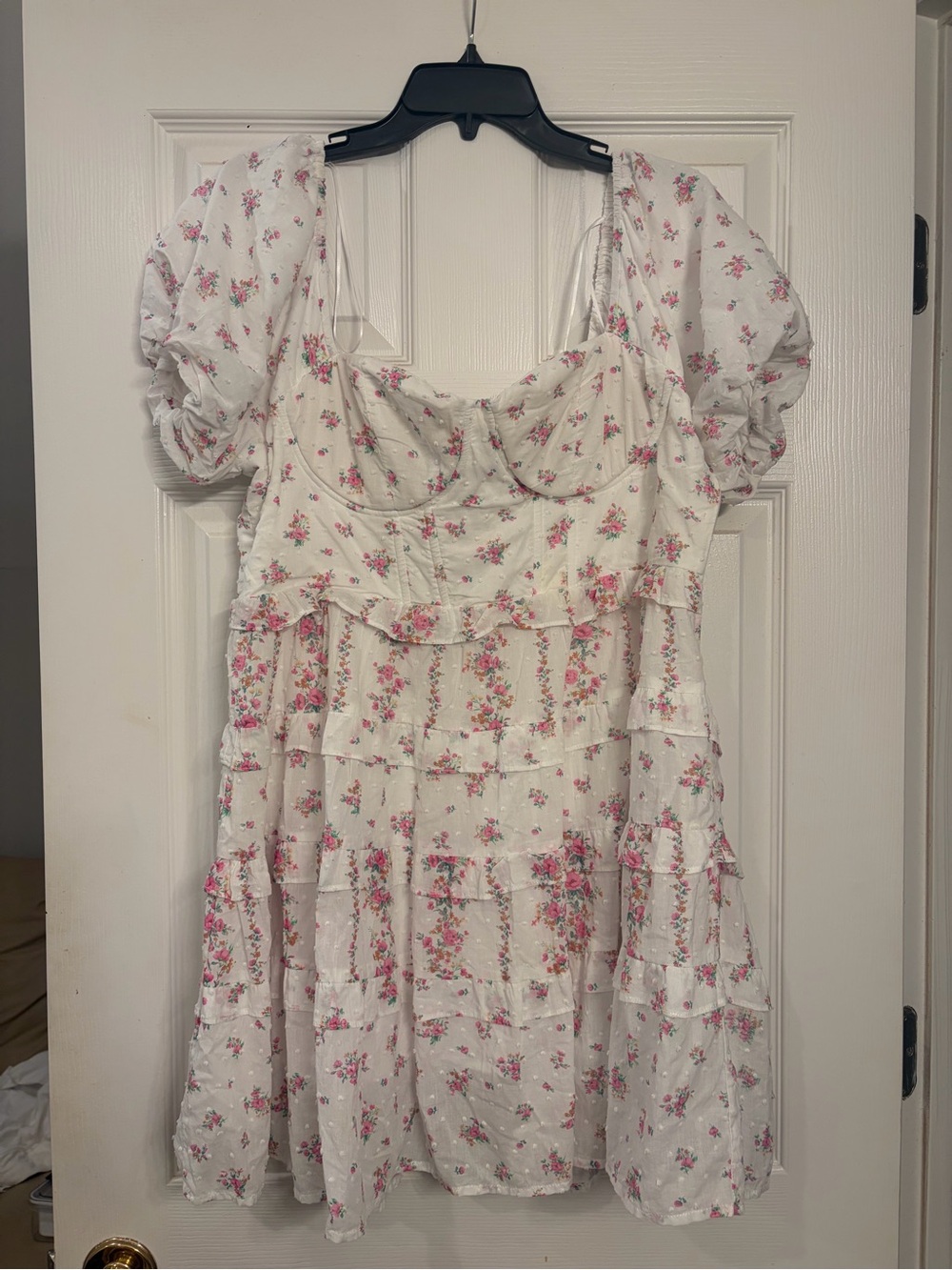 Altar'd State Cream Floral Tiered Puff-Sleeve Dress